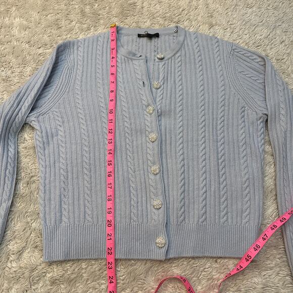 Maje Sz 3 US L Wool Cashmere Baby Blue Cable Knit Button Up Cardigan Sweater - Picture 6 of 12